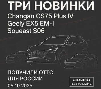 Три кроссовера с ОТТС для России: Changan CS75 Plus IV, Geely EX5 EM-i и Soueast S06